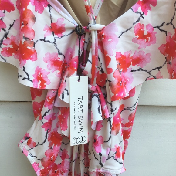 TART Swim one piece ruffled floral swimsuit with laced back S NWT pink red - Picture 4 of 10
